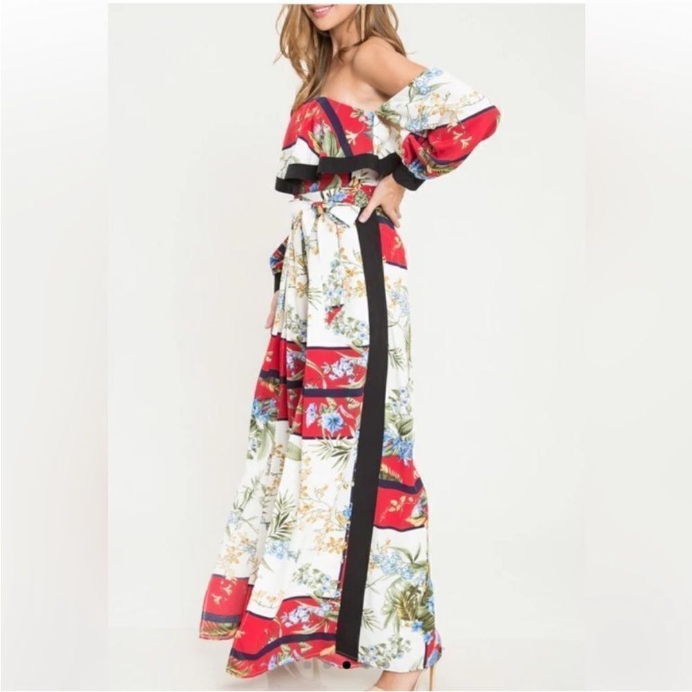 L'ATISTE Off-Shoulder Floral Jumpsuit - Red Multi, S - Picture 3 of 12
